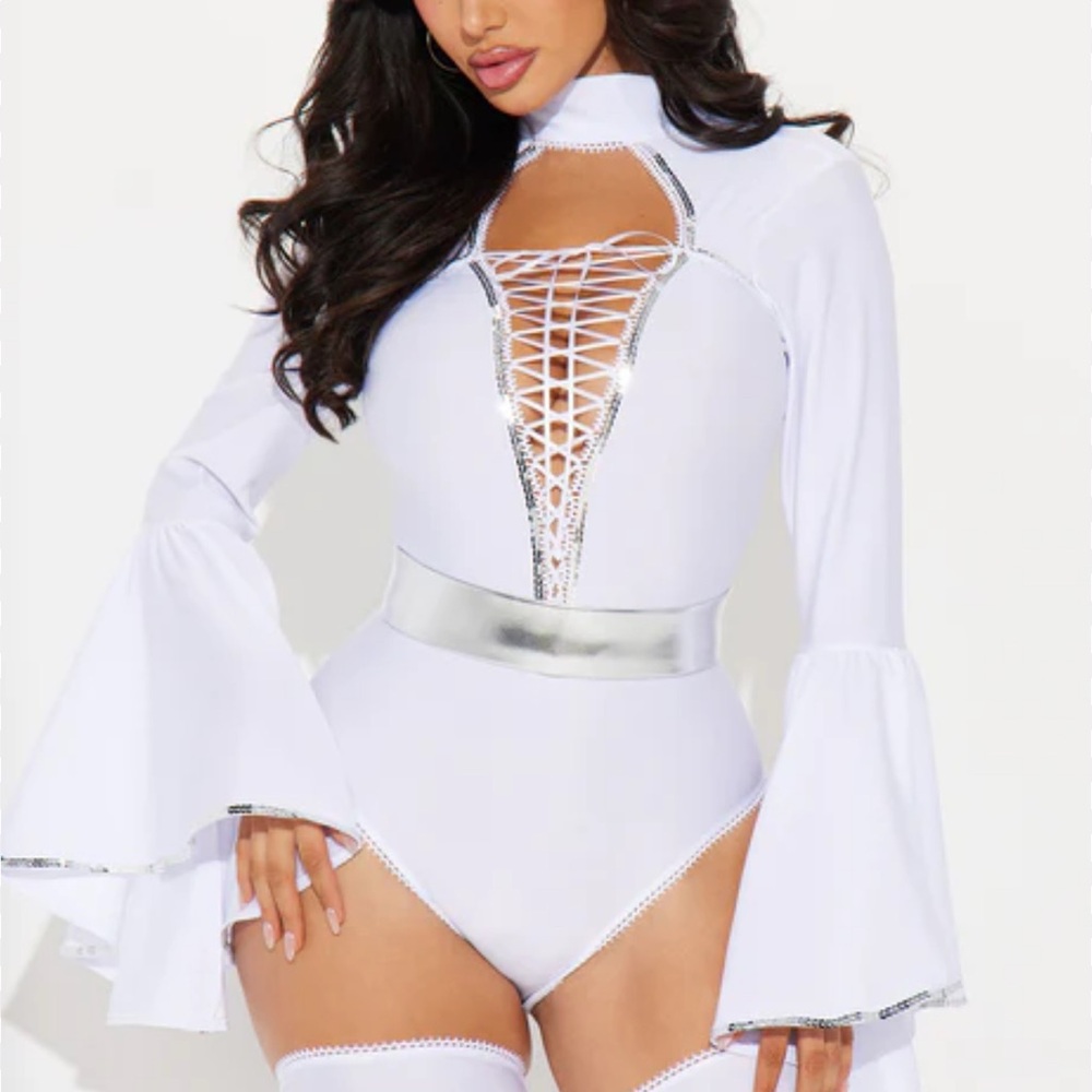 Fashion Nova White and Silver Lace-Up Bodysuit